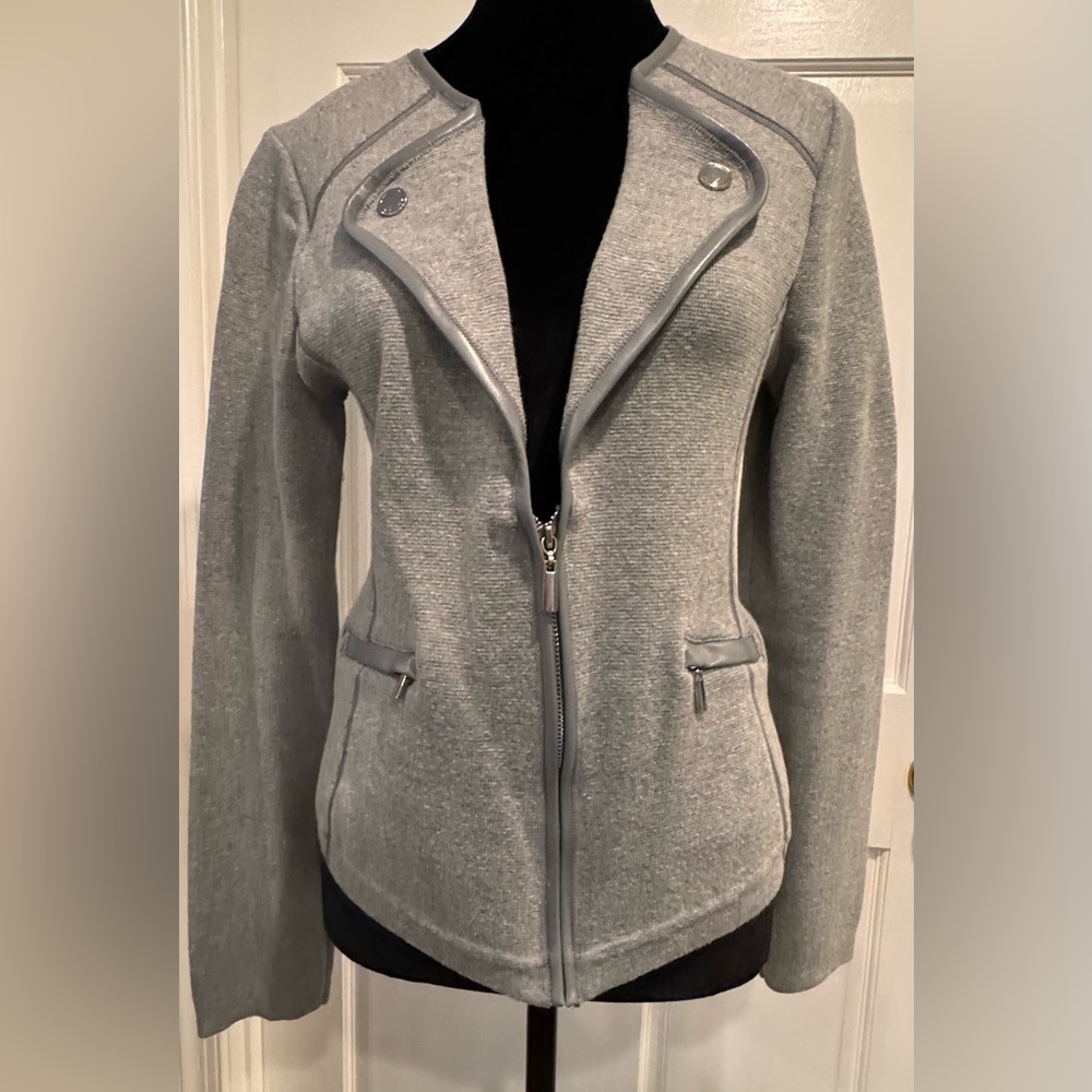 White House Black Market Knit Zip Blazer with Faux Leather Trim